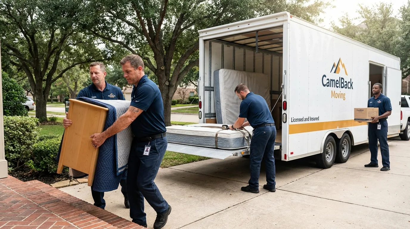 Crew loading residential truck for cross-state move from Elton, LA