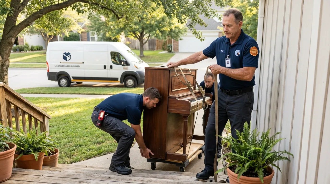 Licensed piano movers securing grand piano in Elton, LA